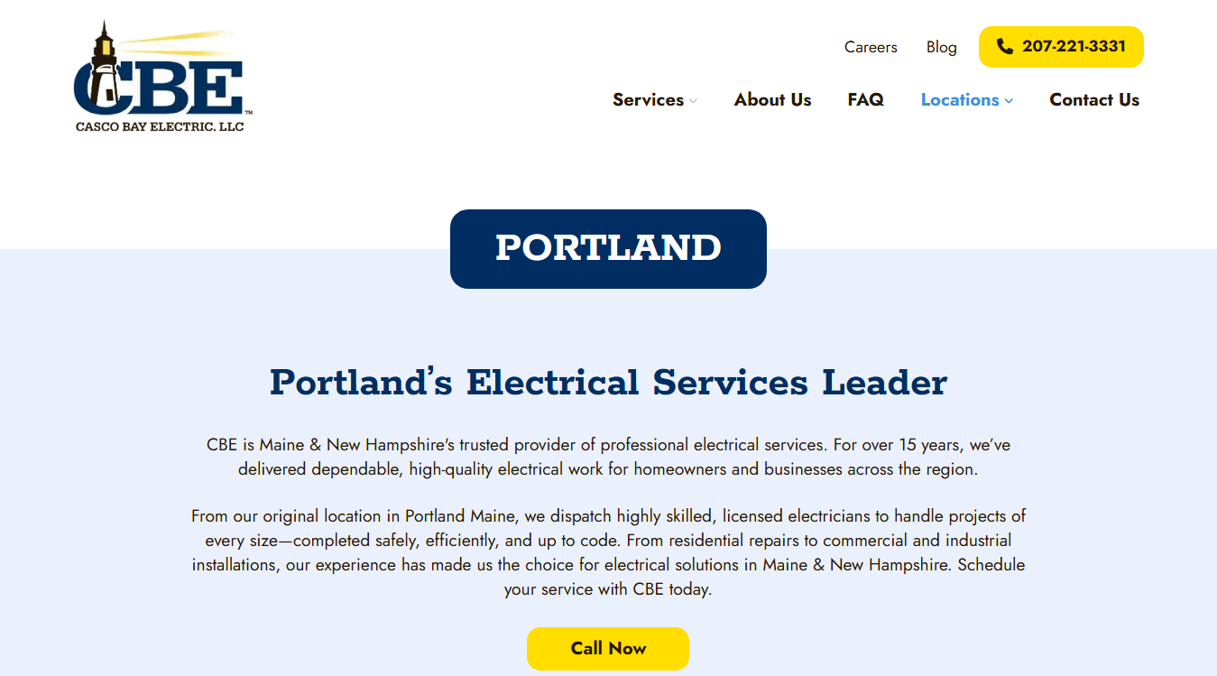 Website screenshot for Casco Bay Electric, LLC.