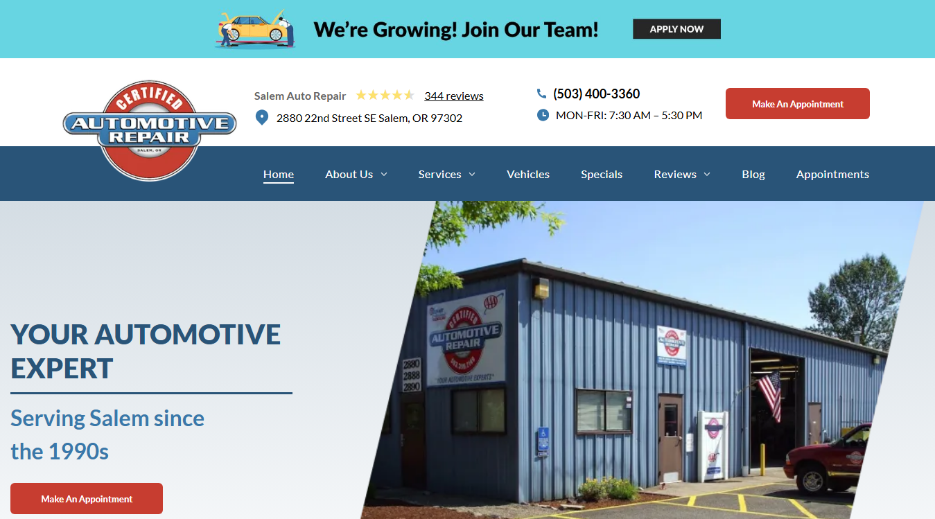 Website screenshot for Certified Automotive Repair