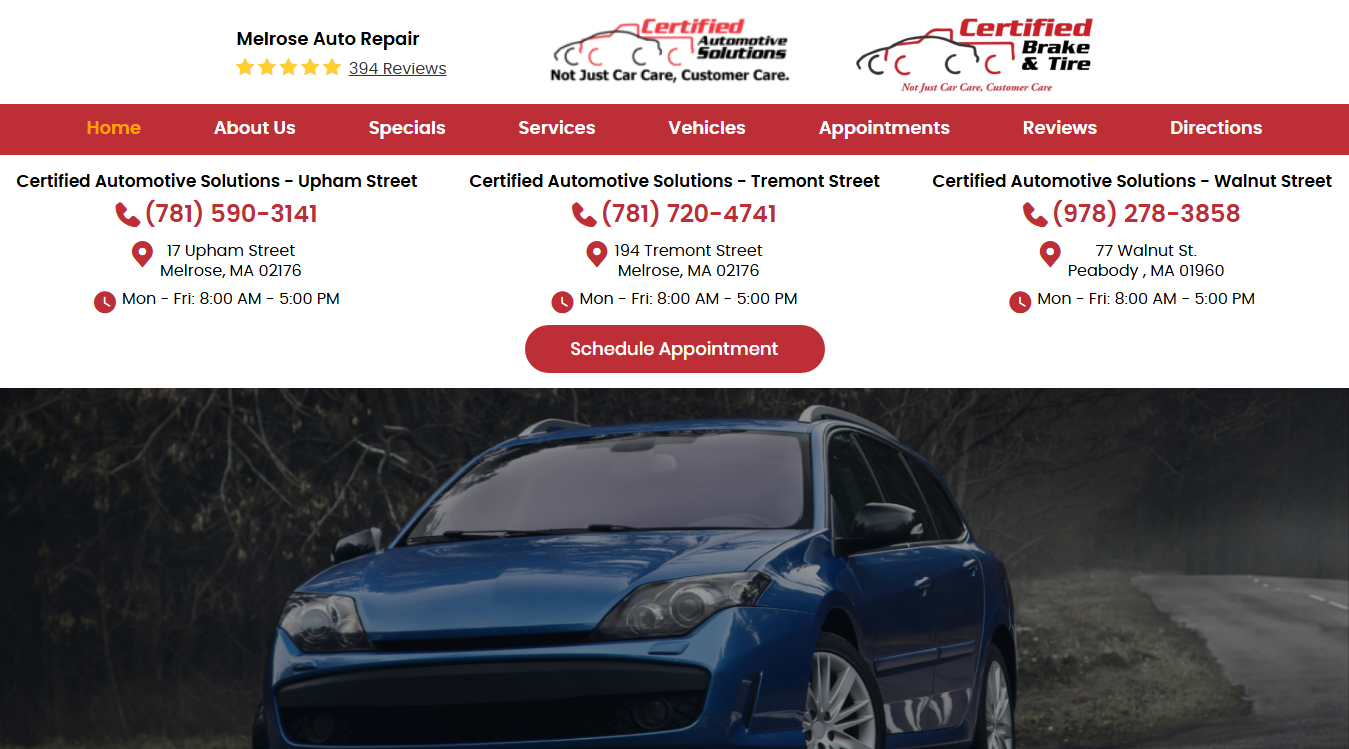 Website screenshot for Certified Automotive Solutions - Peabody (A & K Automotive)