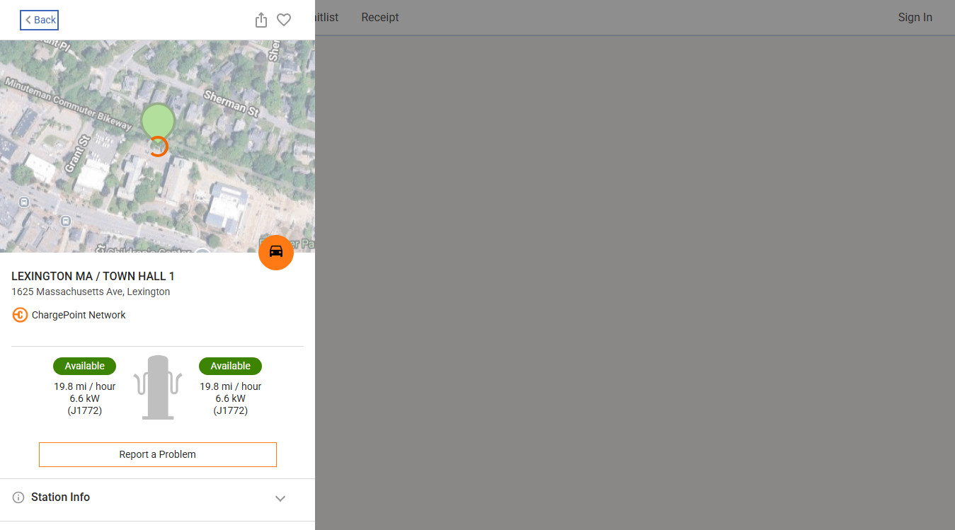 Website screenshot for ChargePoint Charging Station