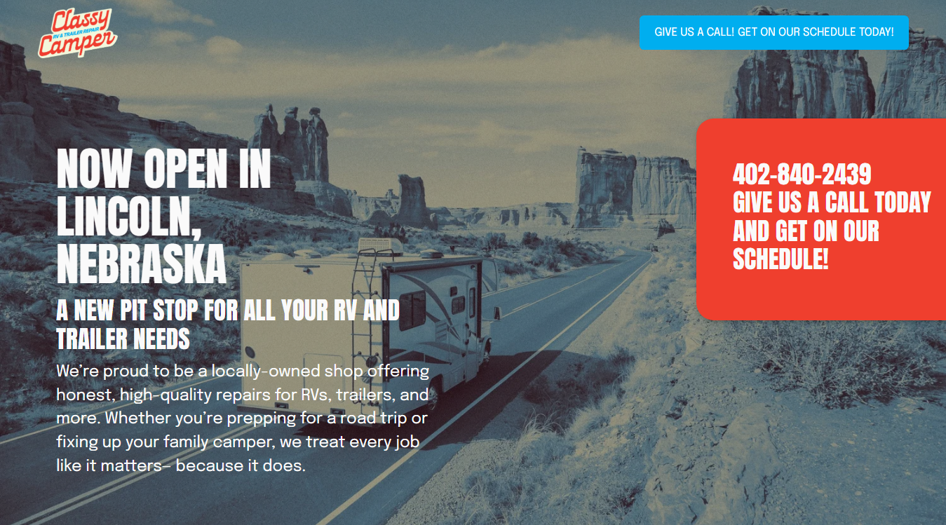 Website screenshot for Classy Camper RV & Trailer Repair