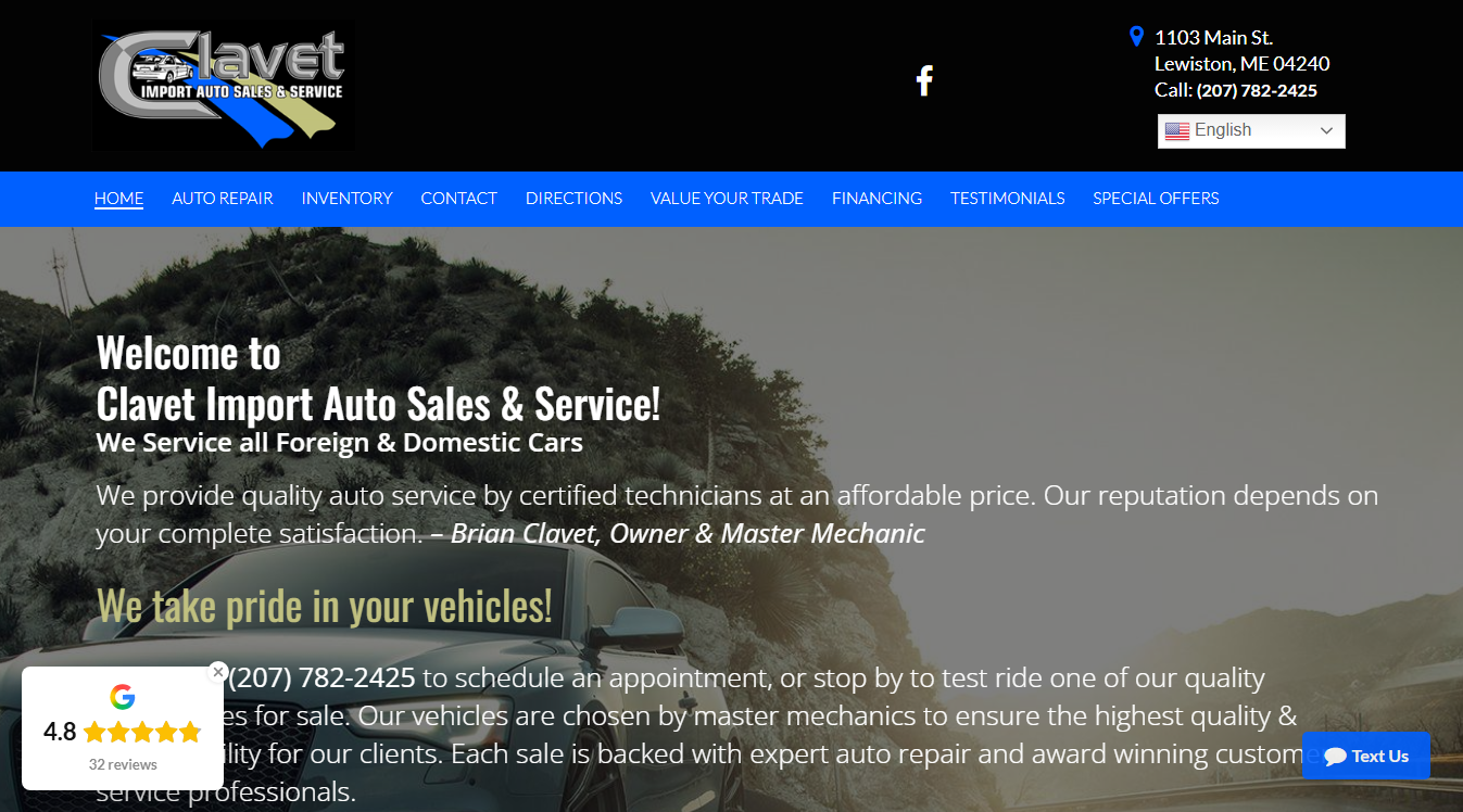 Website screenshot for Clavet Import Auto Sales and Service