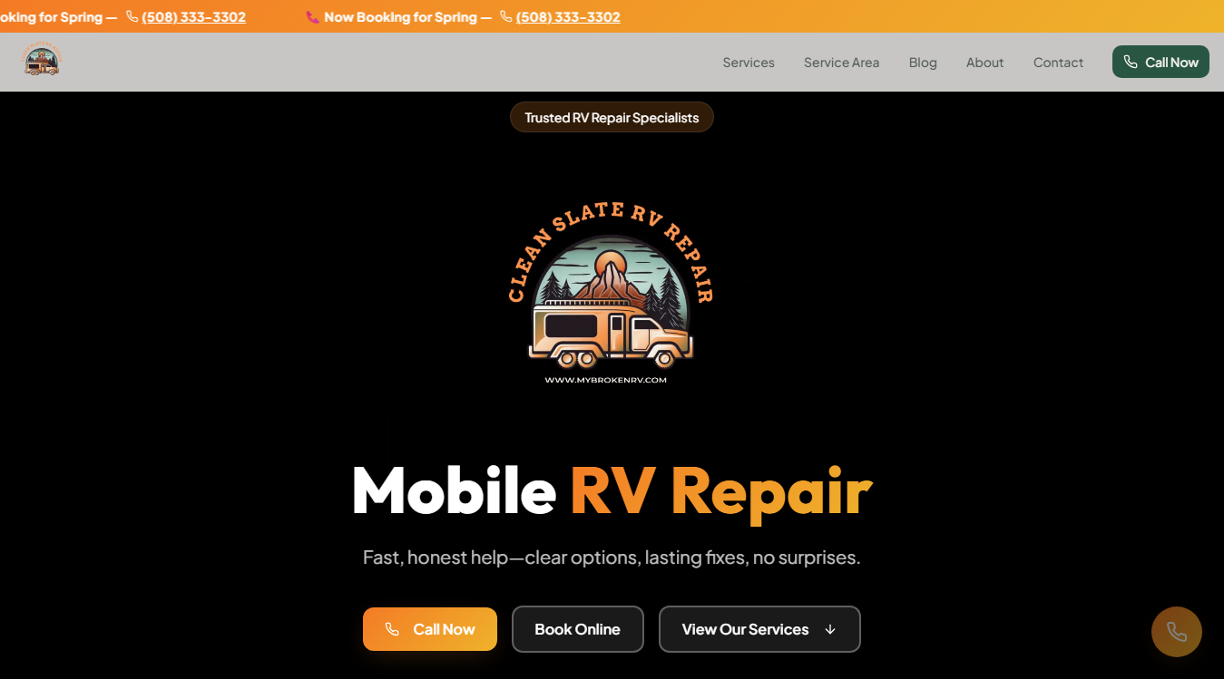 Website screenshot for Clean Slate RV Repair