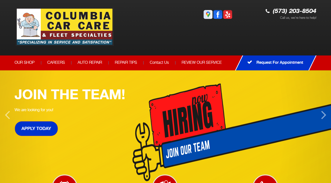 Website screenshot for Columbia Car Care and Fleet Specialties