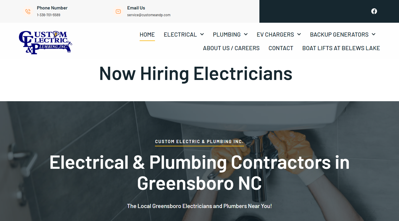 Website screenshot for Custom Electric & Plumbing Inc.