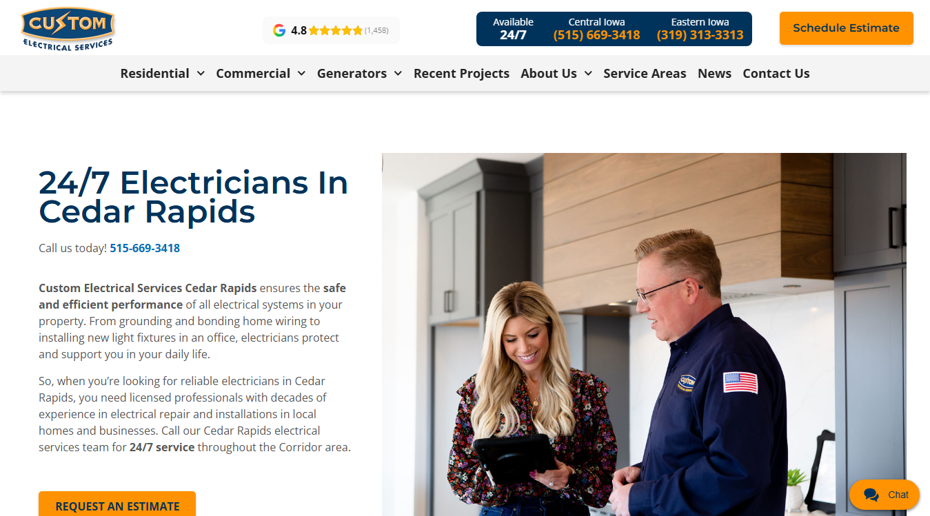 Website screenshot for Custom Electrical Services