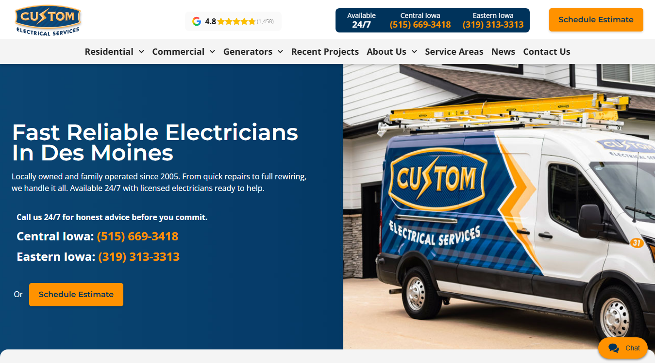 Website screenshot for Custom Electrical Services