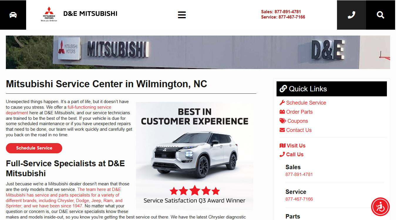 Website screenshot for D & E Mitsubishi Service Center