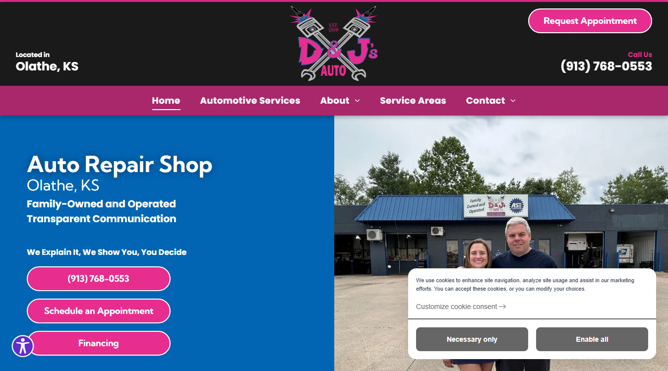 Website screenshot for D & J's Automotive