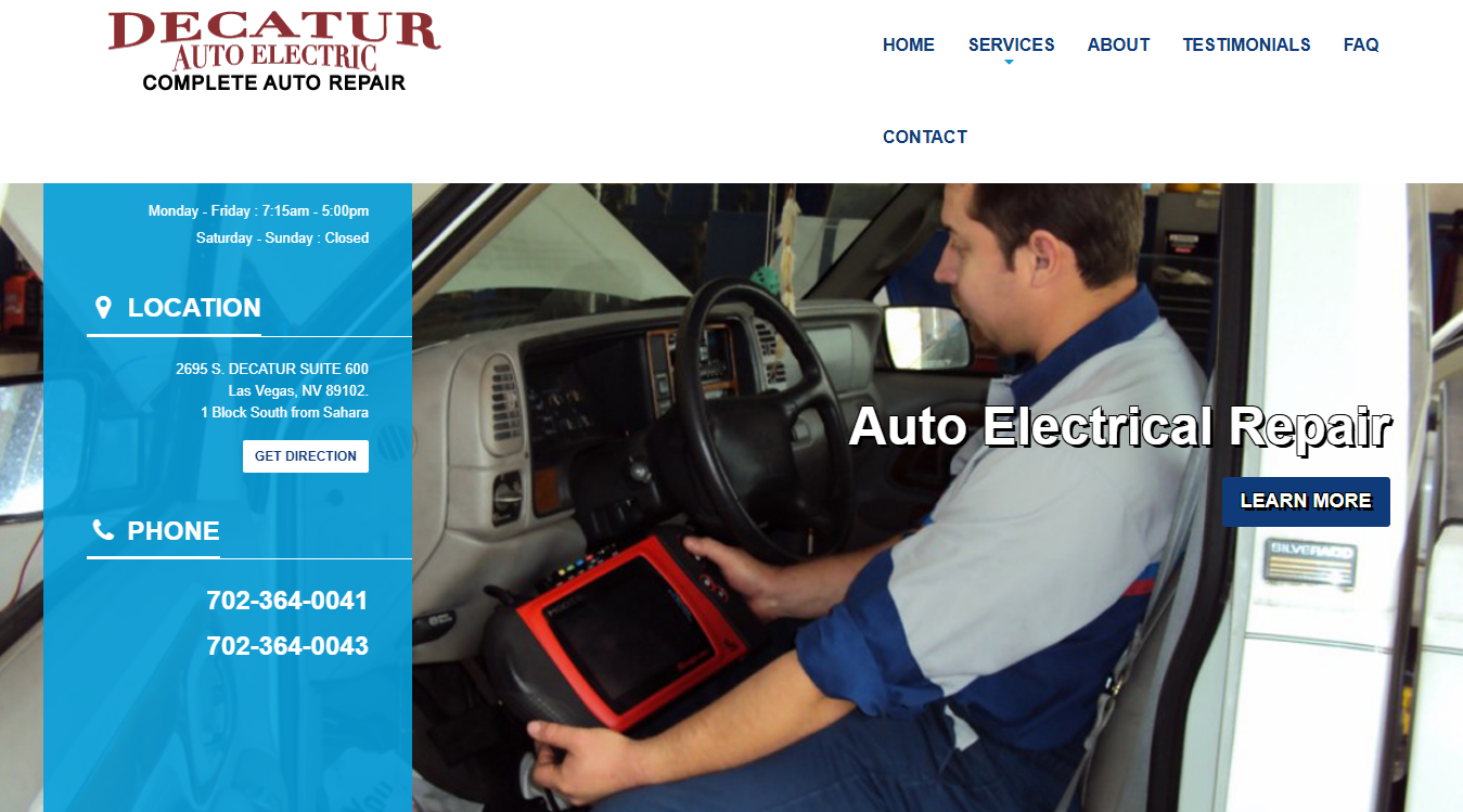 Website screenshot for Decatur Auto Electric