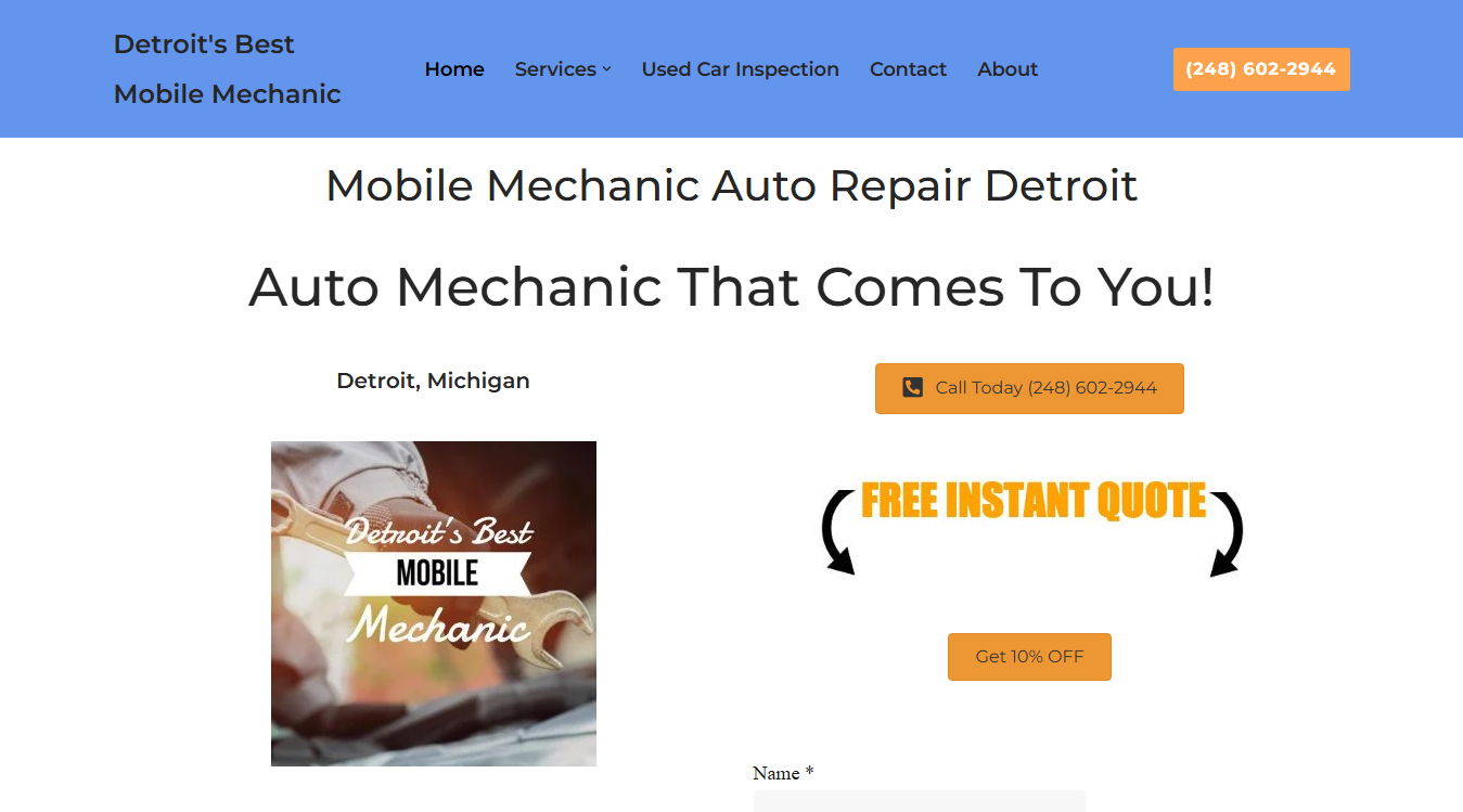Website screenshot for Detroit's Best Mobile Mechanic
