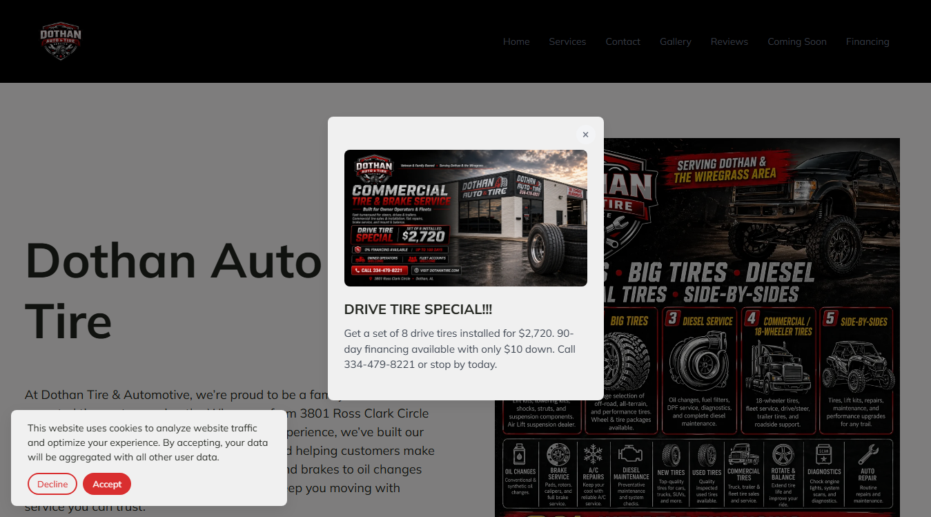 Website screenshot for Dothan auto and tire service