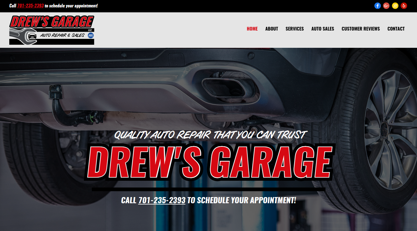 Website screenshot for Drew's Garage LLC