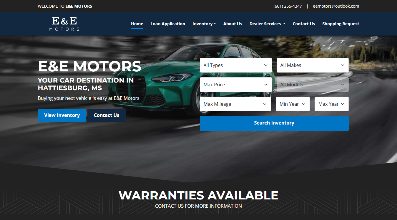 Website screenshot for E&E Motors LLC