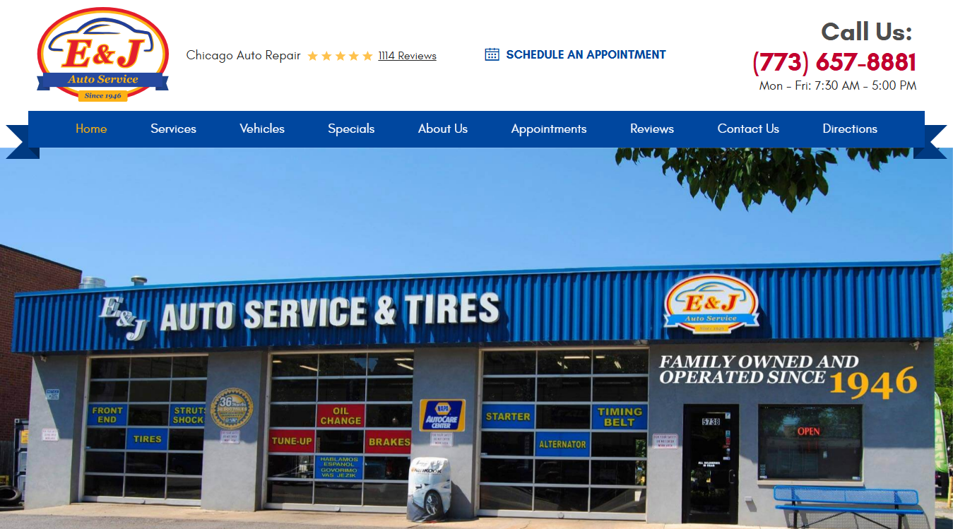 Website screenshot for E & J Auto Service