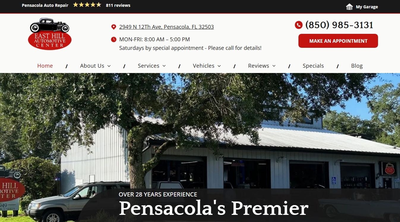 Website screenshot for East Hill Automotive Center