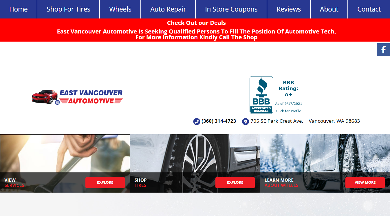 Website screenshot for East Vancouver Automotive