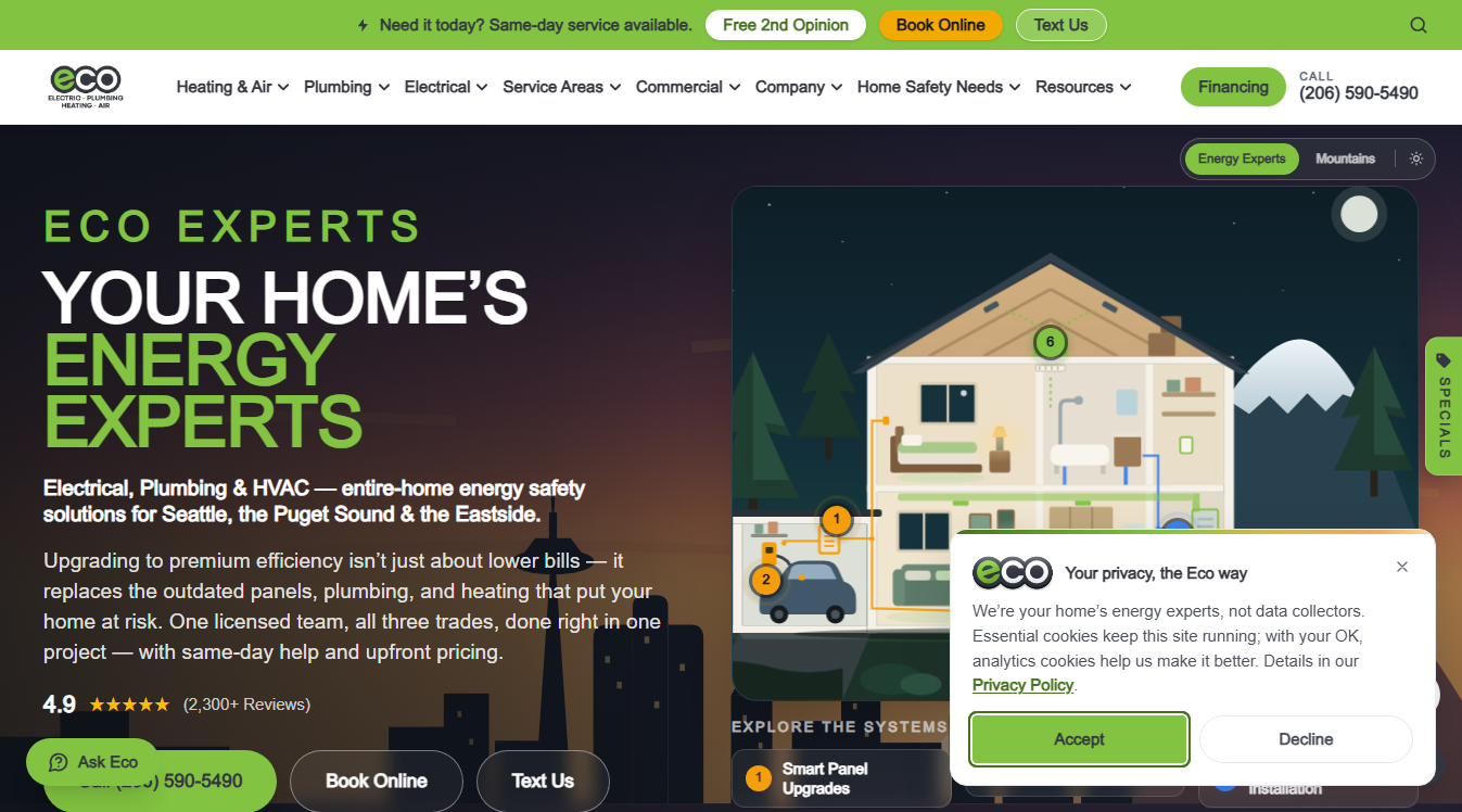 Website screenshot for Eco Electric, Plumbing, Heating and Air