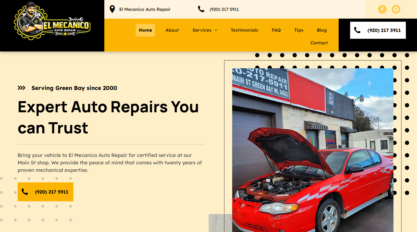Website screenshot for El Mecanico Auto Repair