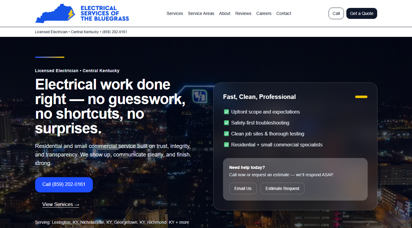 Website screenshot for Electrical Services of the Bluegrass LLC