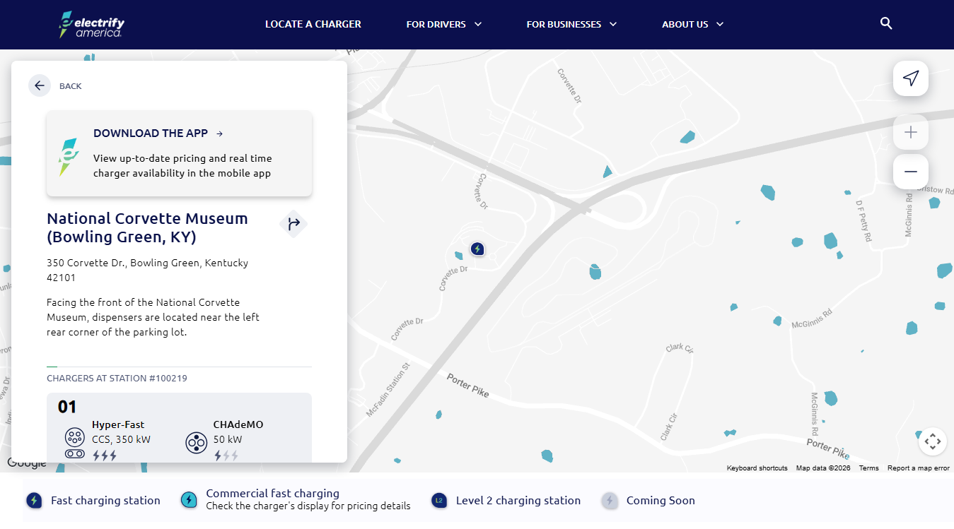 Website screenshot for Electrify America Charging Station