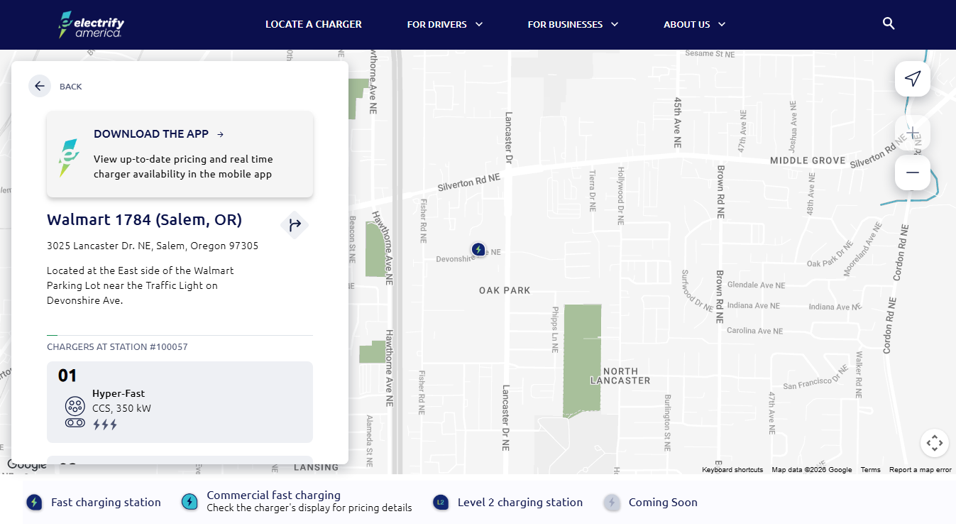 Website screenshot for Electrify America Charging Station