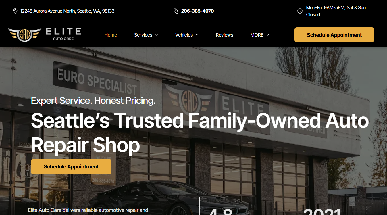 Website screenshot for Elite Auto Care