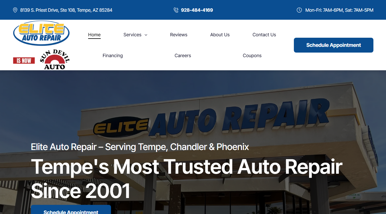 Website screenshot for Elite Auto Repair