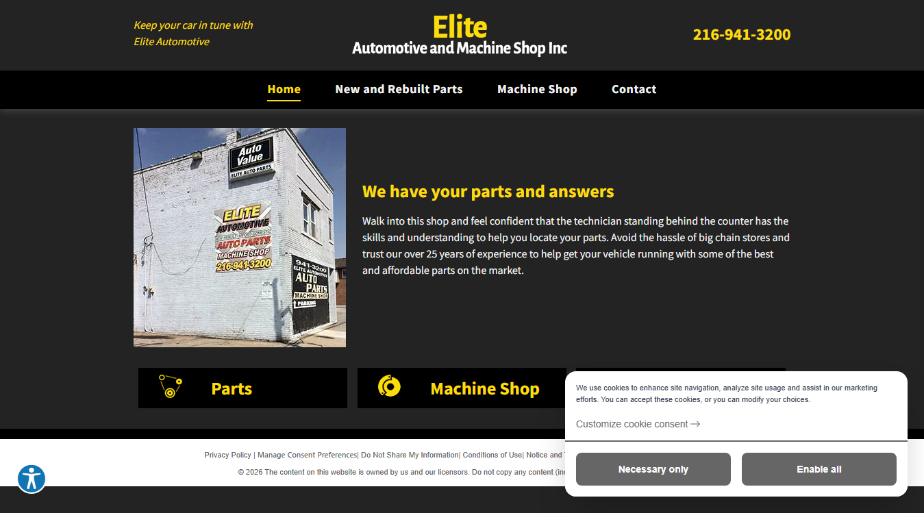 Website screenshot for Elite Automotive And Machine Shop Inc