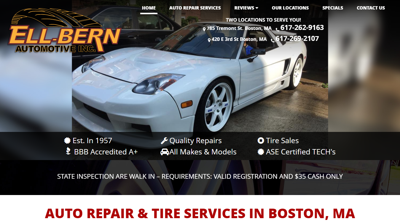 Website screenshot for Ell-Bern Automotive Service & Tires Inc.