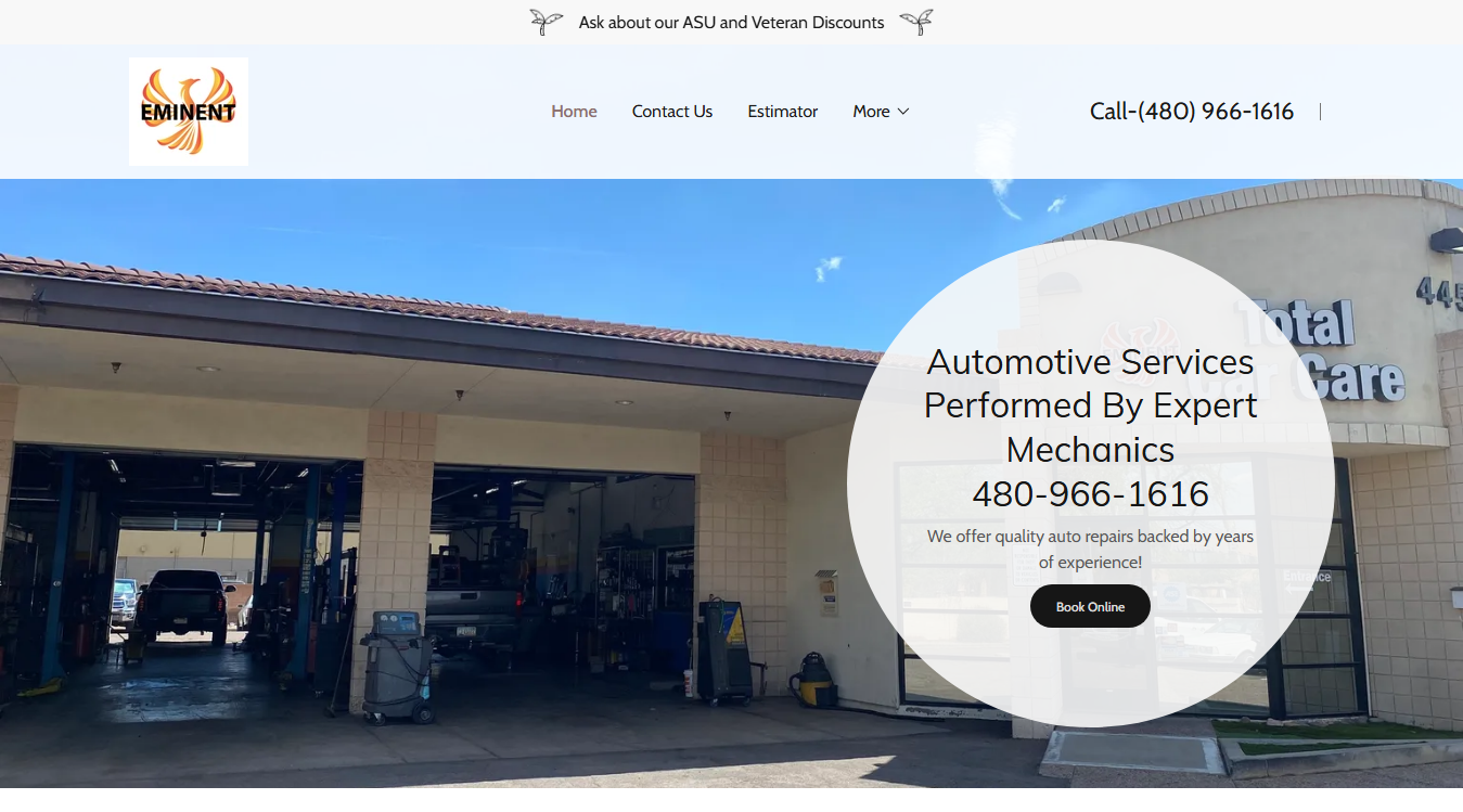 Website screenshot for Eminent Total Car Care