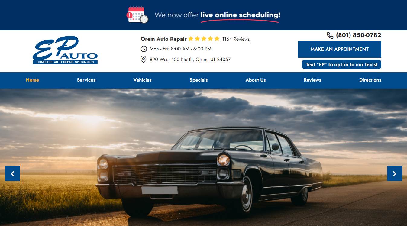 Website screenshot for EP Auto Repair