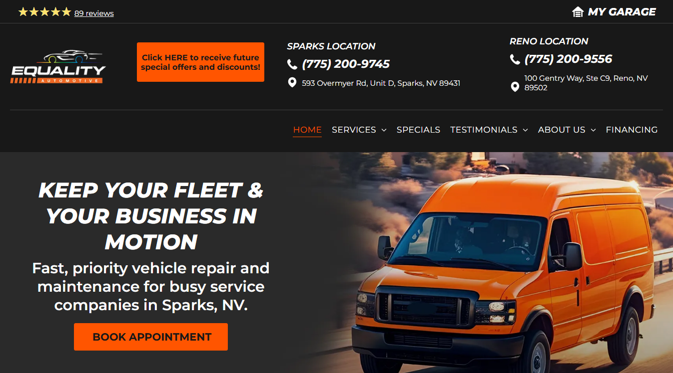 Website screenshot for Equality Automotive