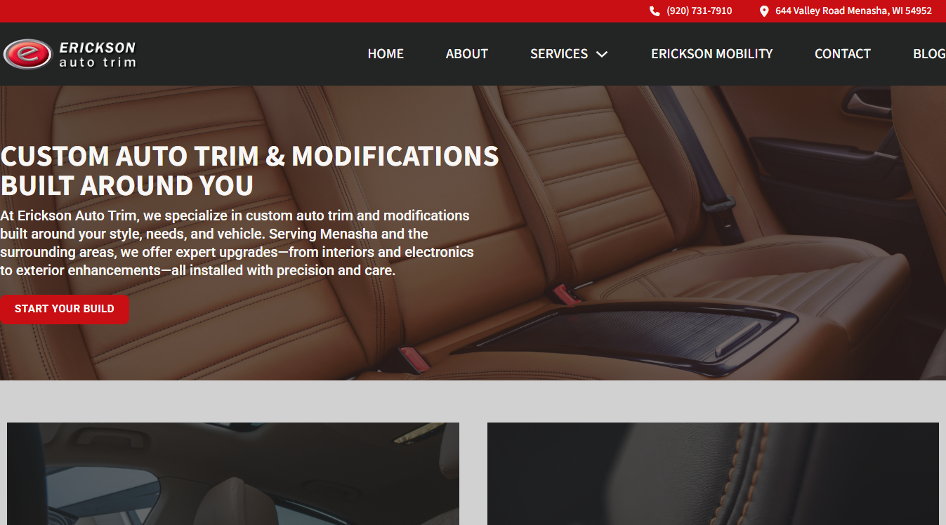 Website screenshot for Erickson Auto Trim and Mobility - Fox Valley