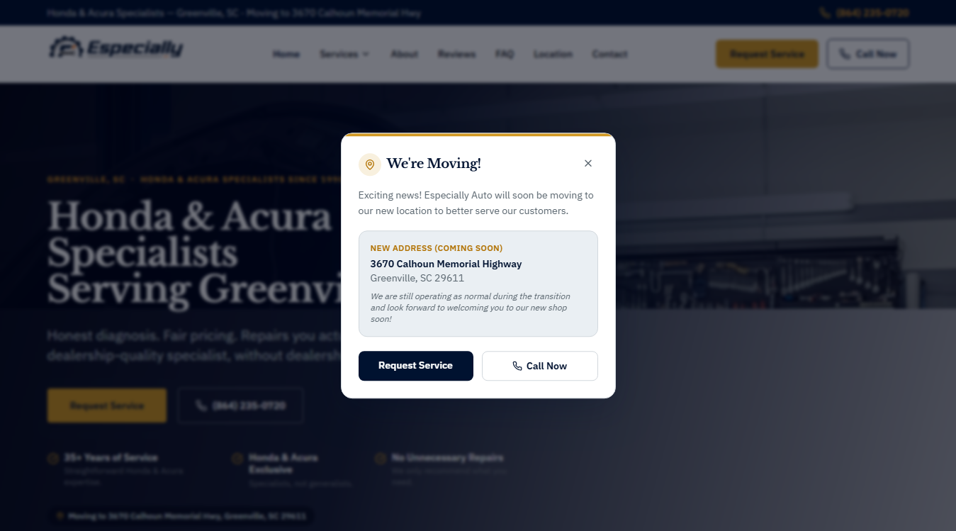 Website screenshot for Especially Auto Service