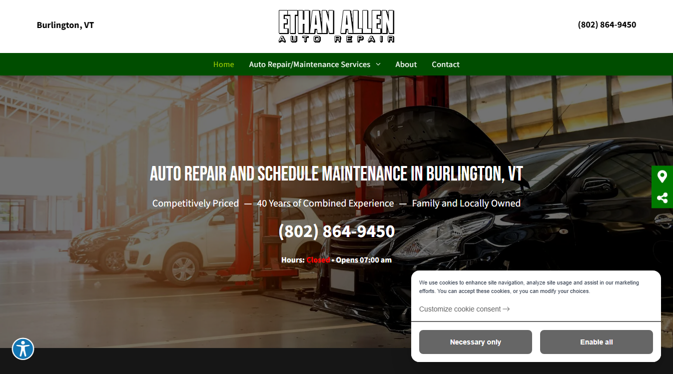 Website screenshot for Ethan Allen Auto Repair