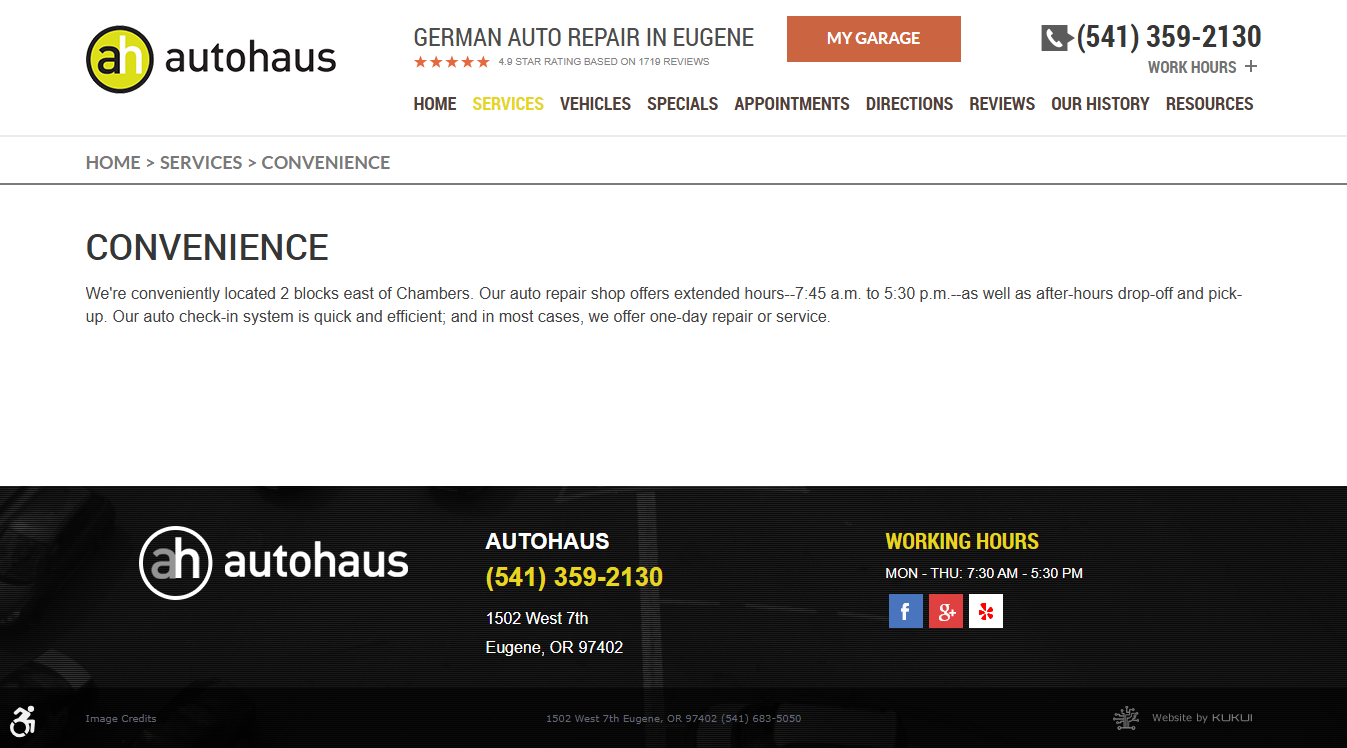 Website screenshot for Eugene auto repair
