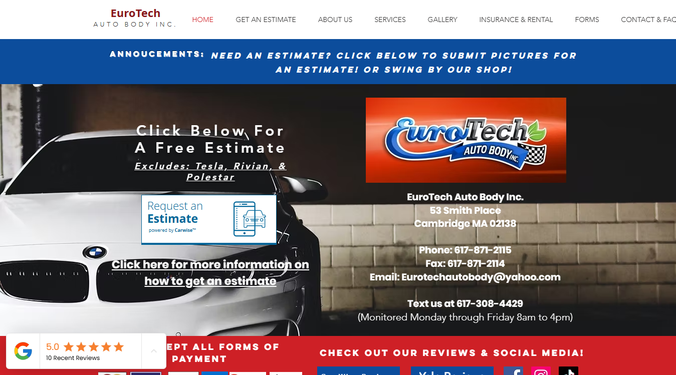 Website screenshot for Euro Tech Auto Body, Inc.