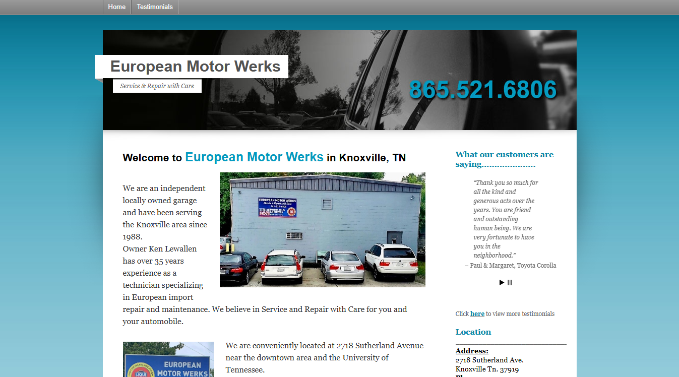 Website screenshot for European Motor Werks