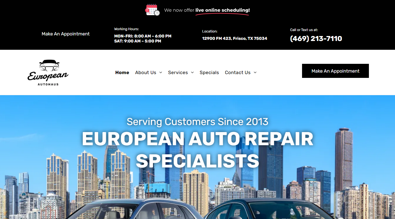 Website screenshot for EuroTech AutoHaus