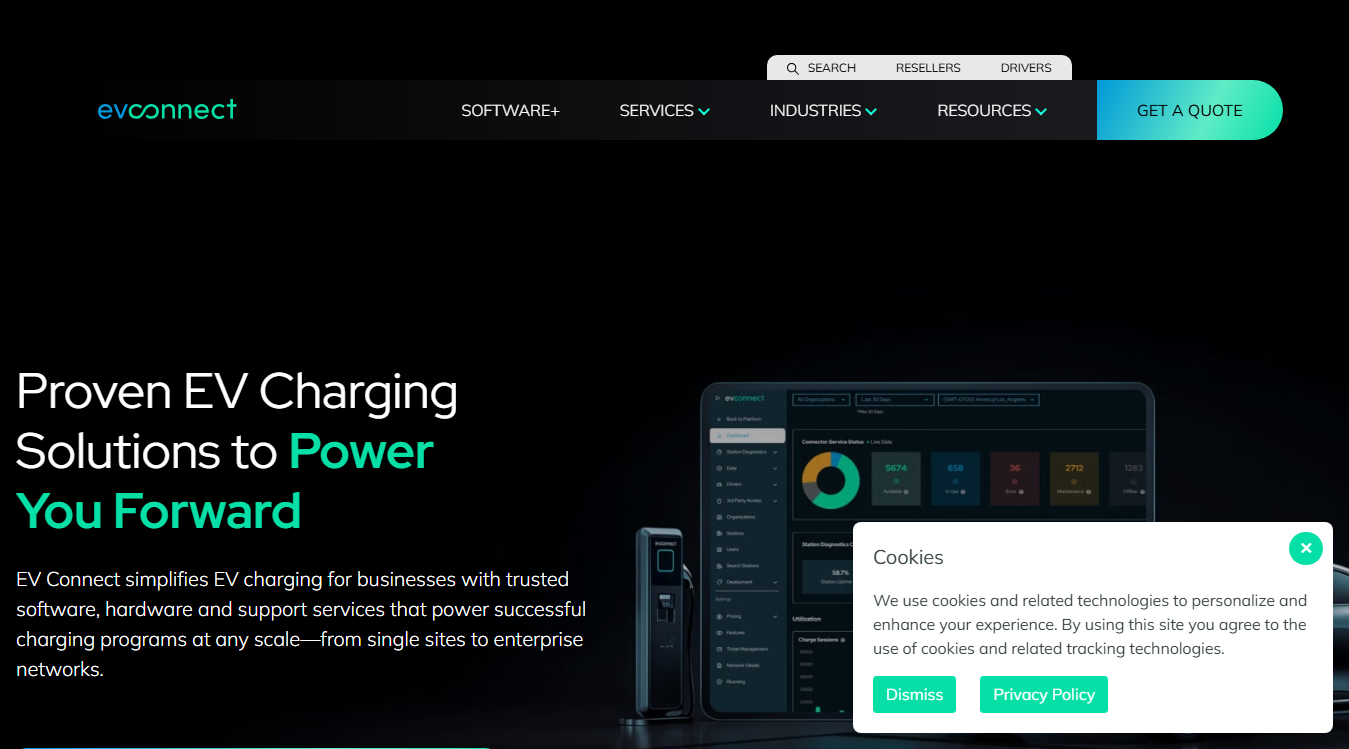 Website screenshot for EV Connect Charging Station