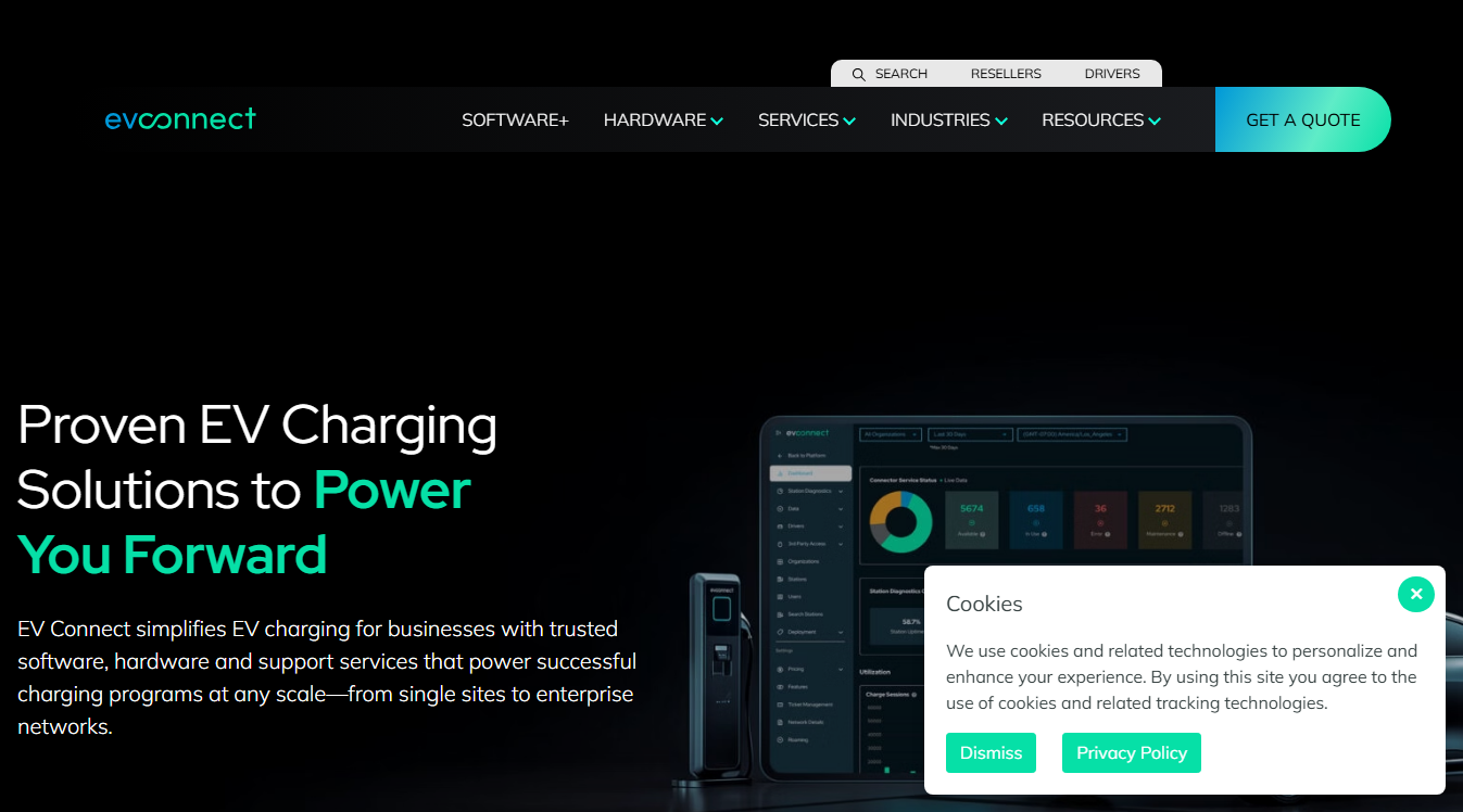 Website screenshot for EV Connect Charging Station