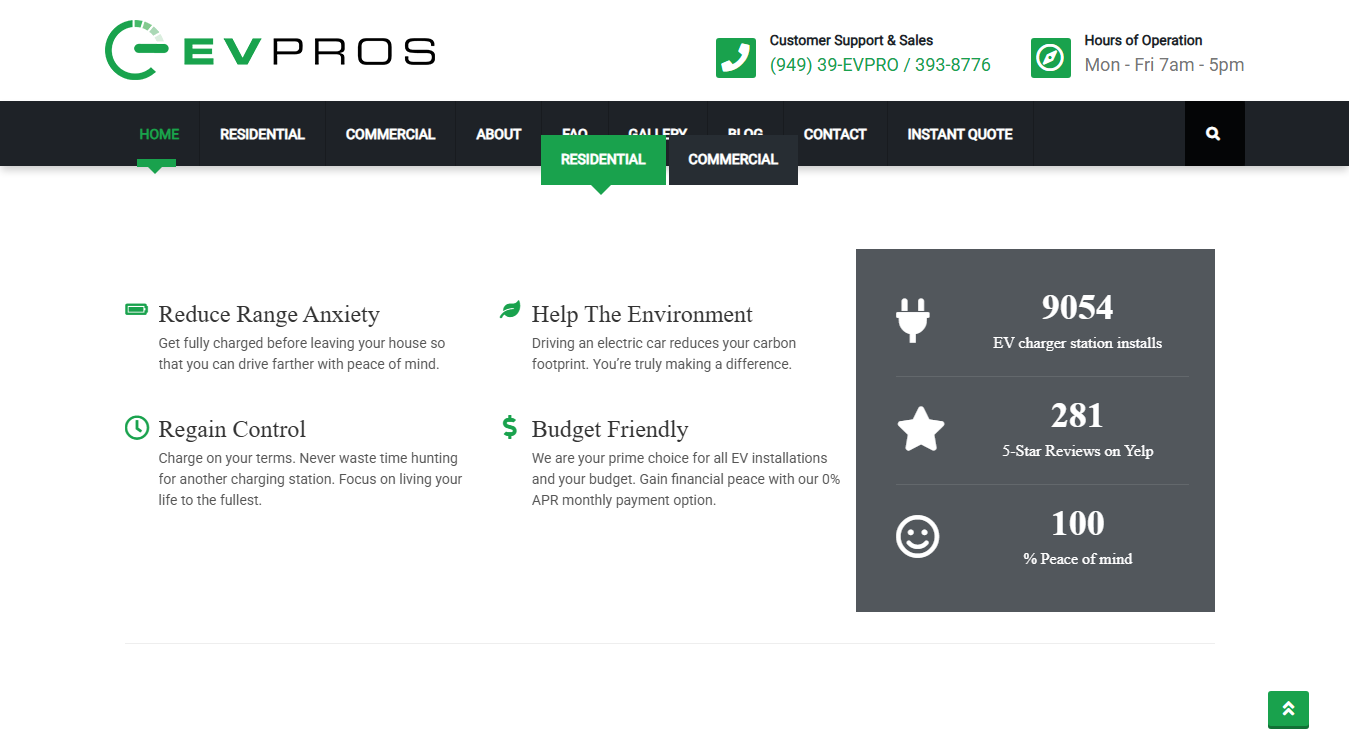 Website screenshot for EV Pros Inc.