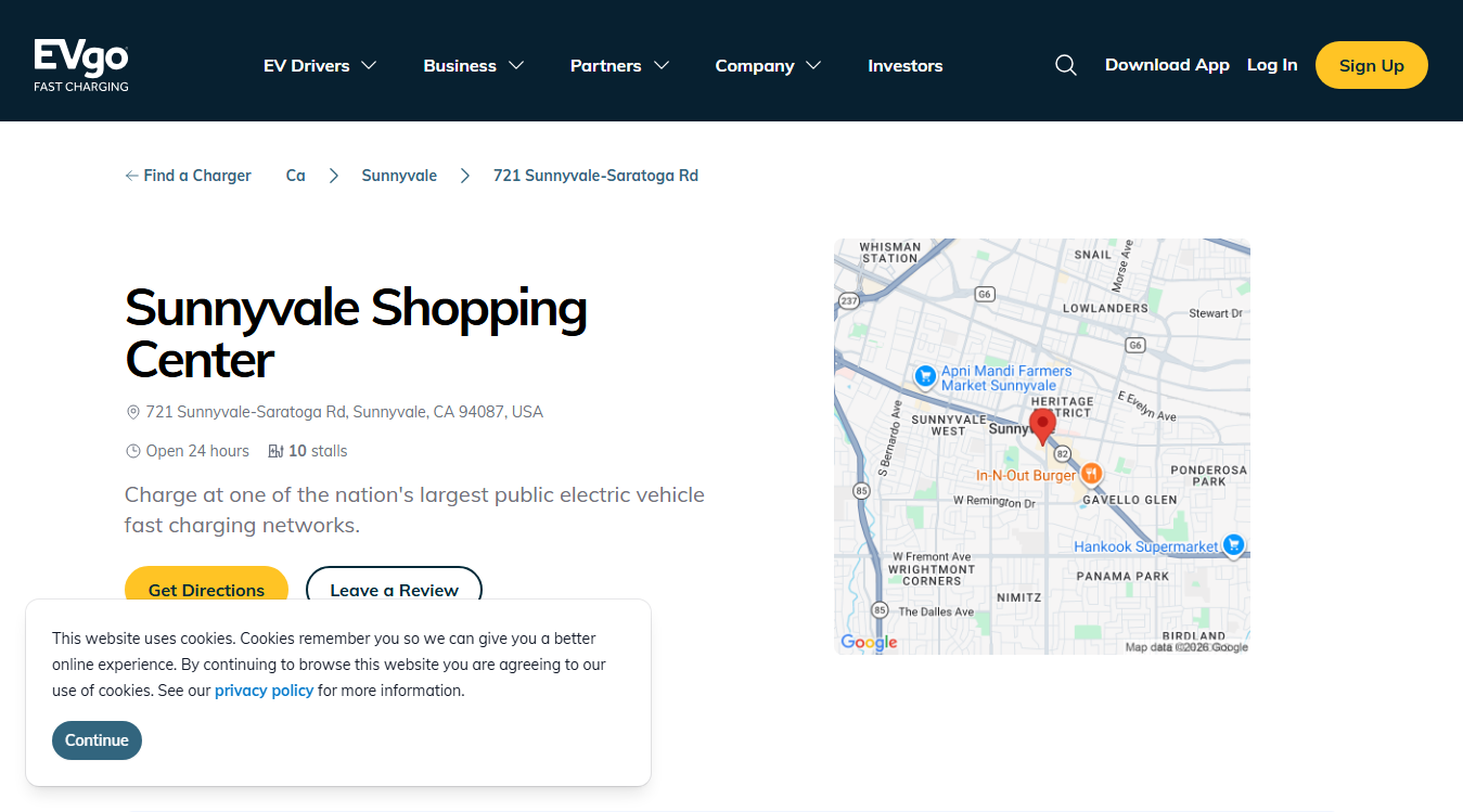 Website screenshot for EVgo Car Charging Station