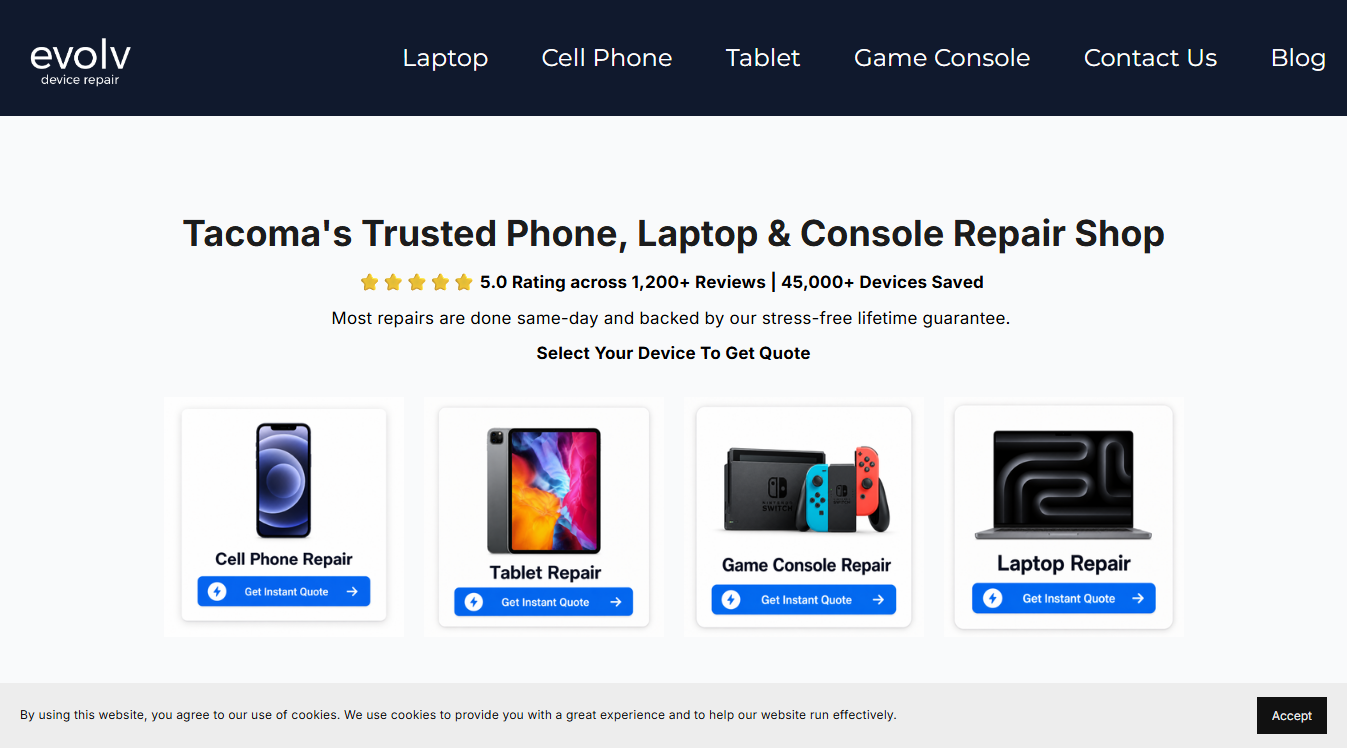 Website screenshot for Evolv Device Repair