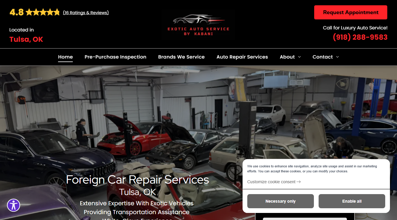 Website screenshot for Exotic Auto Service by Kabani