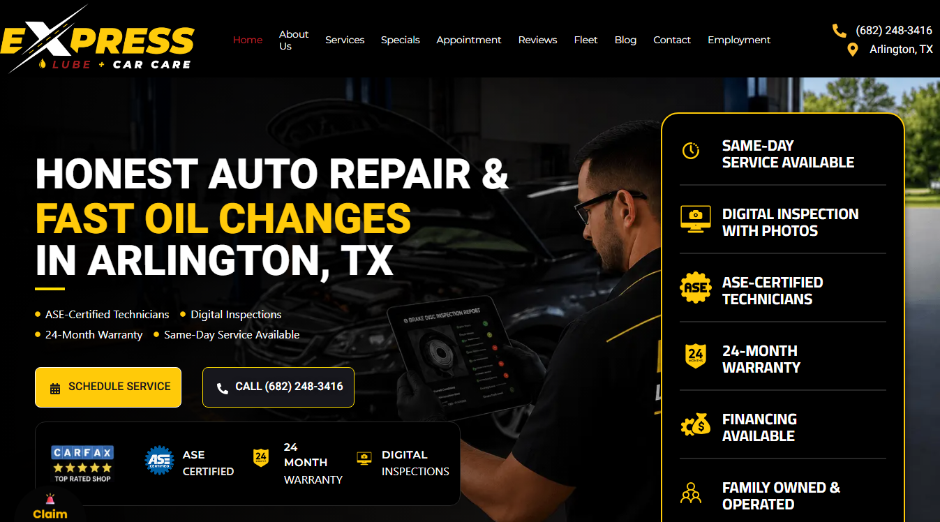 Website screenshot for Express Lube & Car Care