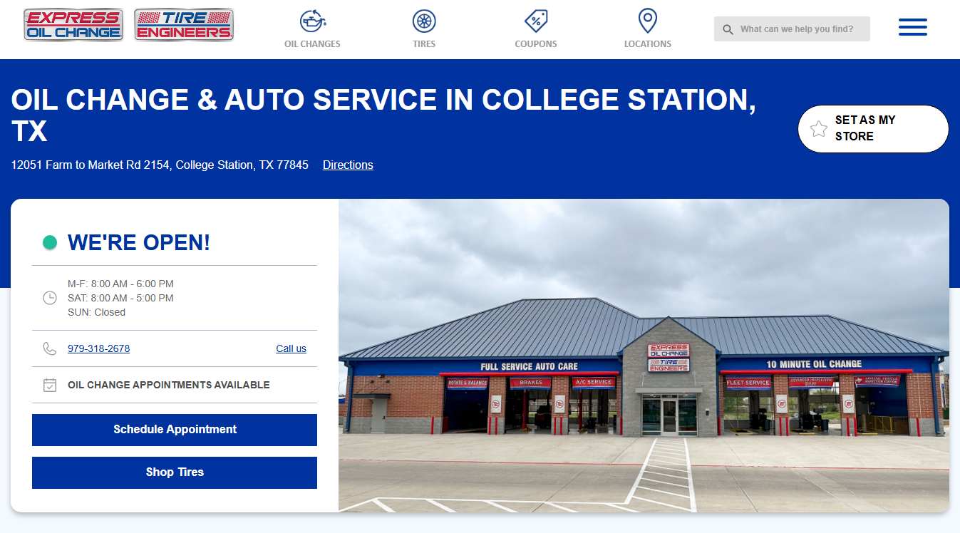 Website screenshot for Express Oil Change & Tire Engineers