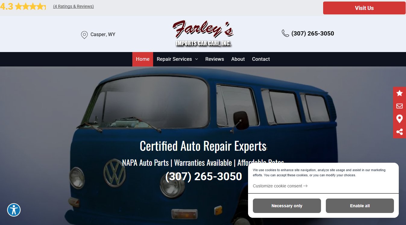 Website screenshot for Farley's Imports Car Care, Inc. of Wyoming