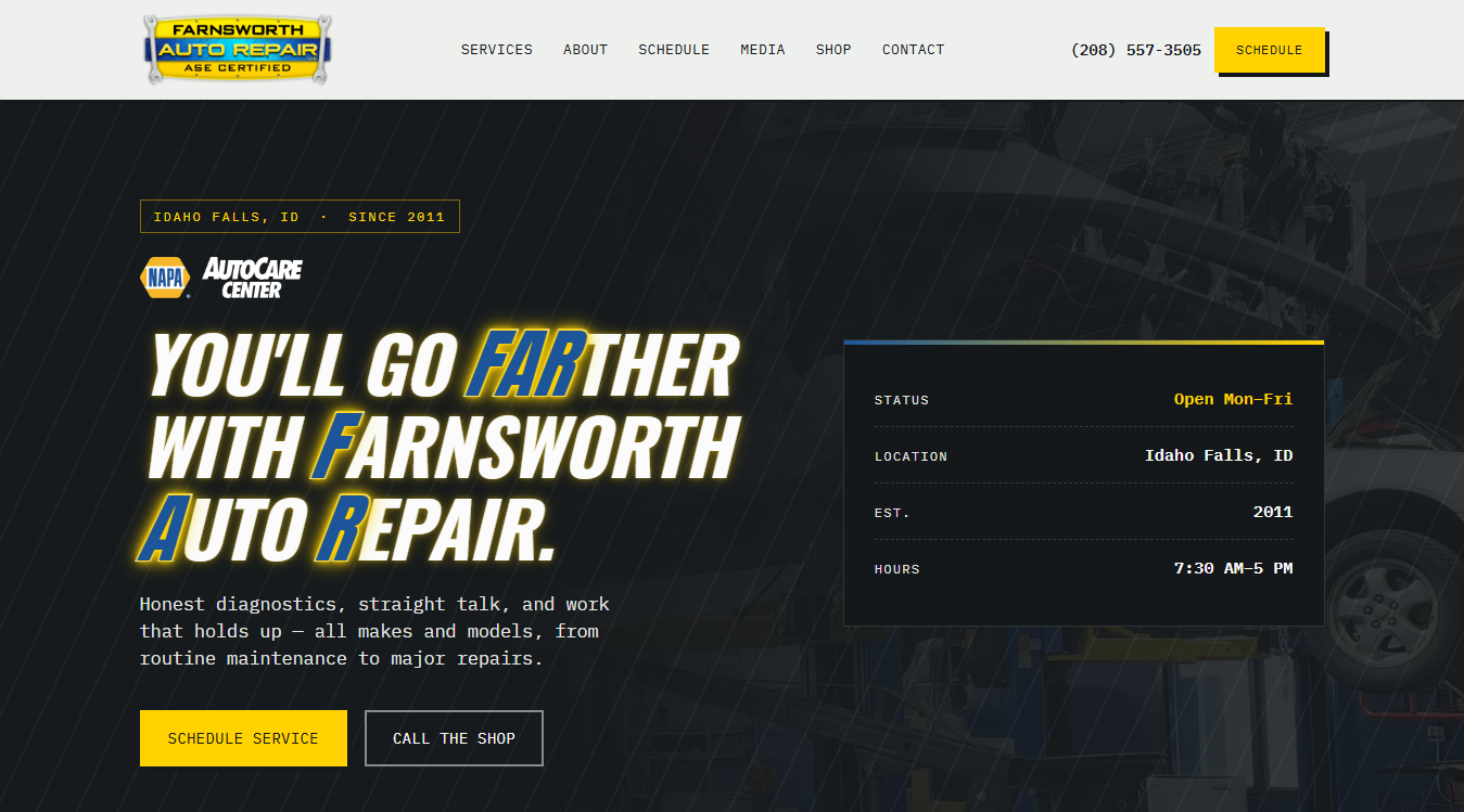 Website screenshot for Farnsworth Auto Repair LLC.